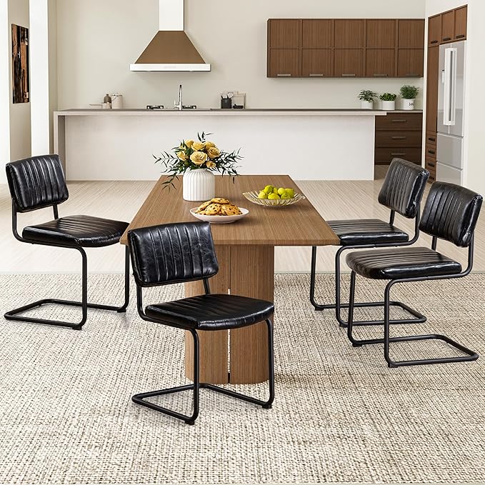 Cantilever Dining Chairs Set of 4, Mid Century Modern Dining Chairs with Black Metal Legs, Upholstered Leather Kitchen Chairs, Armless Cantilever Chair for Kitchen & Living Room, Black