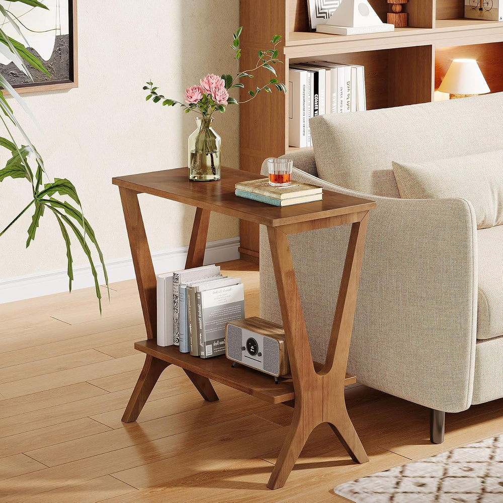 Solid Wood End Table for Living Room, 2-Tier Storage Shelves Sofa Couch Side ...