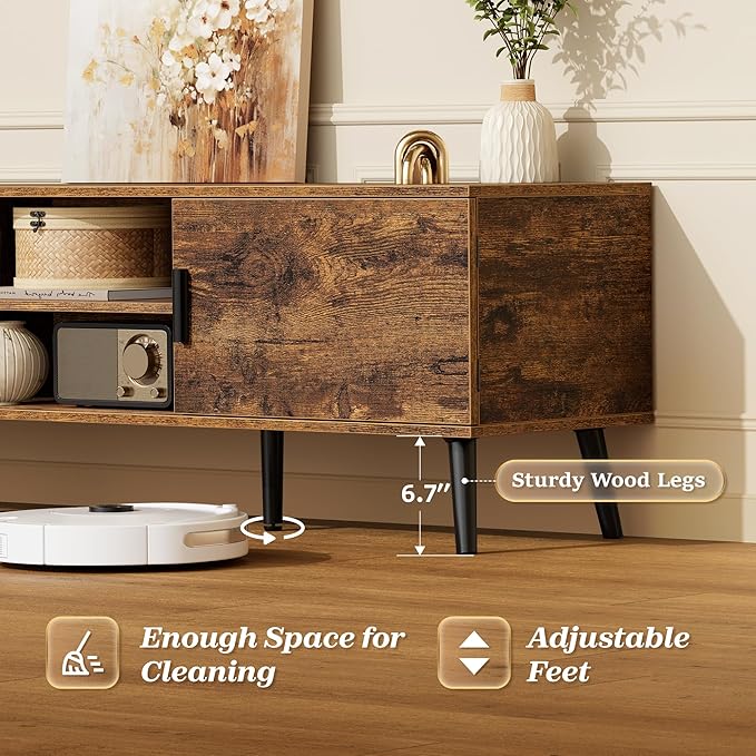 SUPERJARE TV Stand for 55, 65 Inch TV, 63 Inch Entertainment Center with Adjustable Shelf, 2 Cabinets, TV Console Table, Media Console, Solid Wood Feet, 4 Cord Holes, for Living Room, Rustic Brown