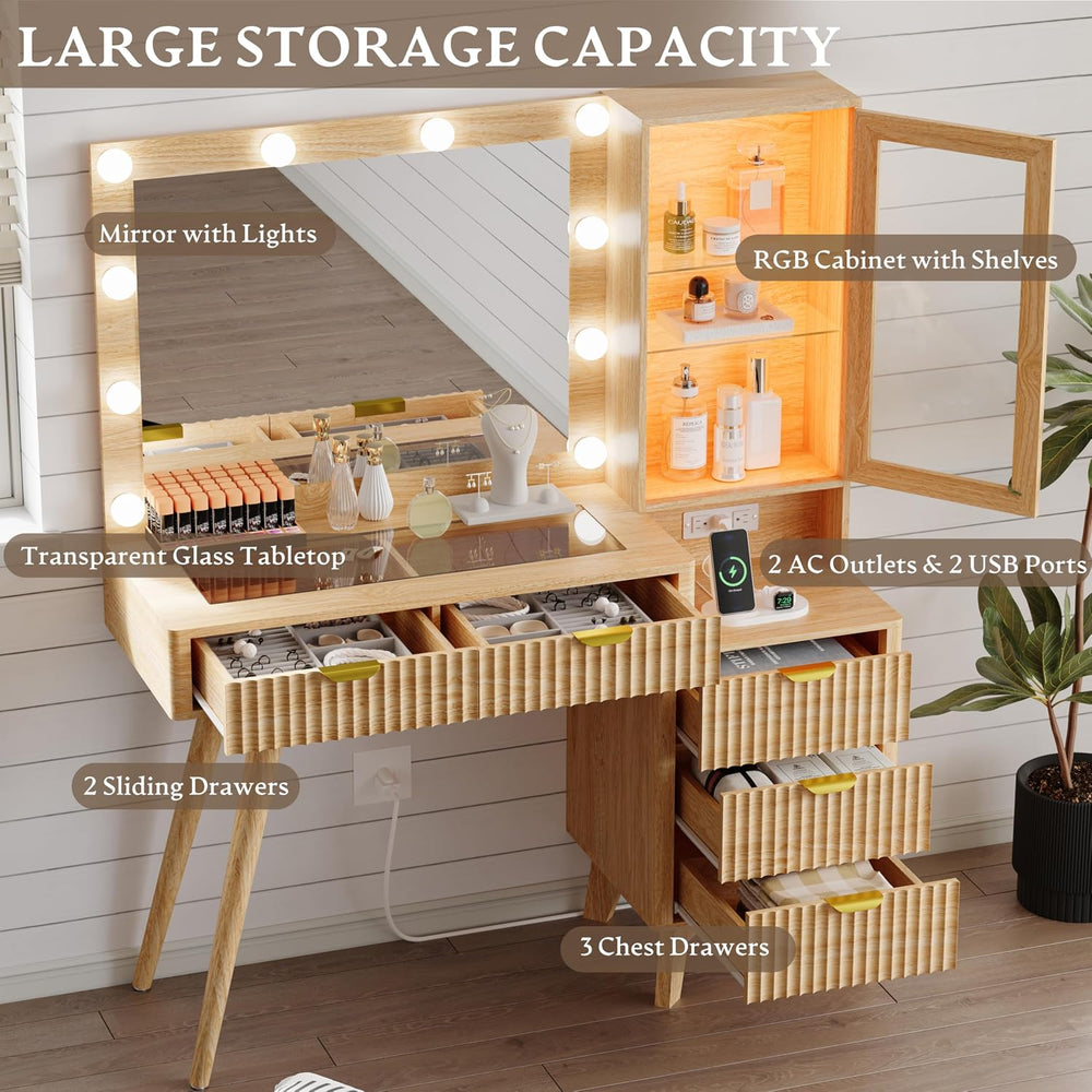 Xixini 45" Fluted Makeup Vanity Desk with Mirror & Lights, Oak