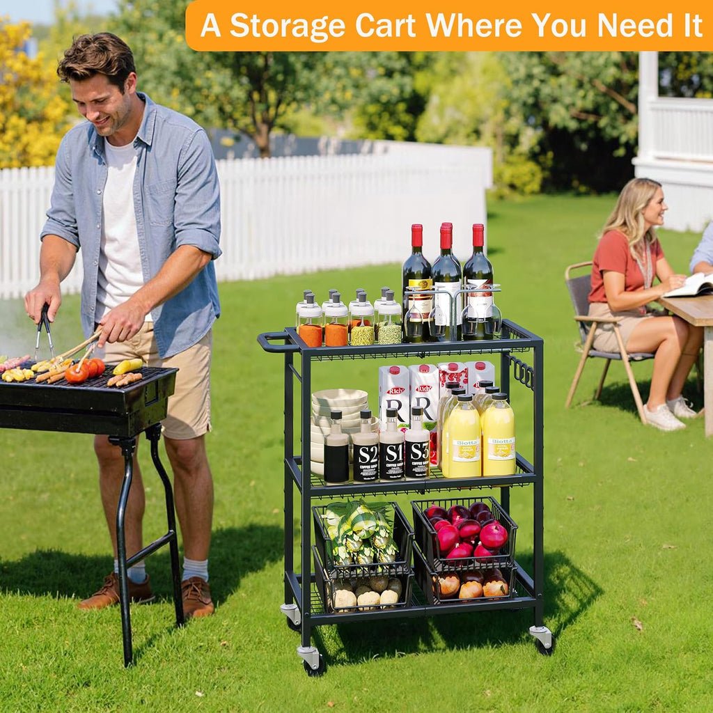 3-Tier Rolling Cart, Space-Saving Kitchen Cart with 150Lbs Capacity, Black Storage Cart with 2 Lockable Wheels for Kitchen Island, Restaurant, Garage, Backyard（No Wooden Boards, Lightweight Version）