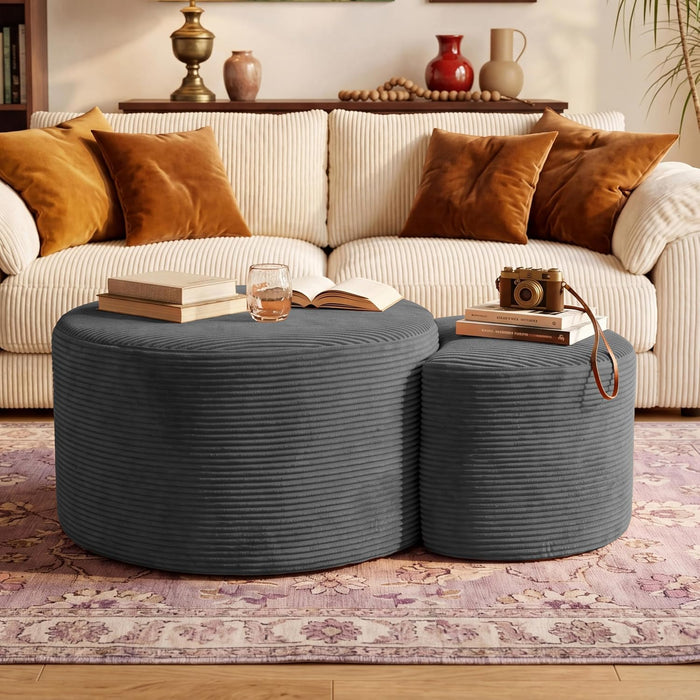BSHOMGI Boneless Ottoman Nesting Coffee Table Set of 2,Corduroy Soft Foot Rest Movable LargePouf Footstool for Living Room Sofa Couch Bedroom Entryway and Small Spaces No Assembly (Dark Gray)