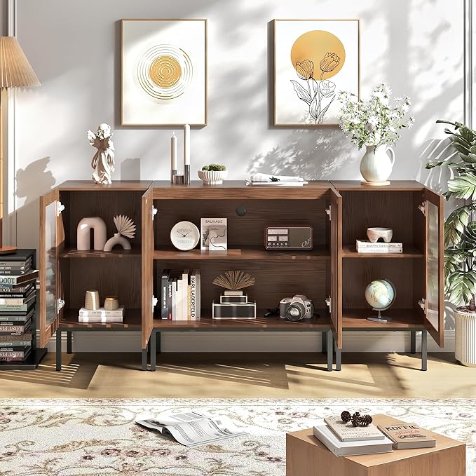 Modern TV Stand for TVs up to 70 Inch, Entertainment Center TV Console with Storage Cabinets and Glass Doors, Media Console for Living Room, Brown