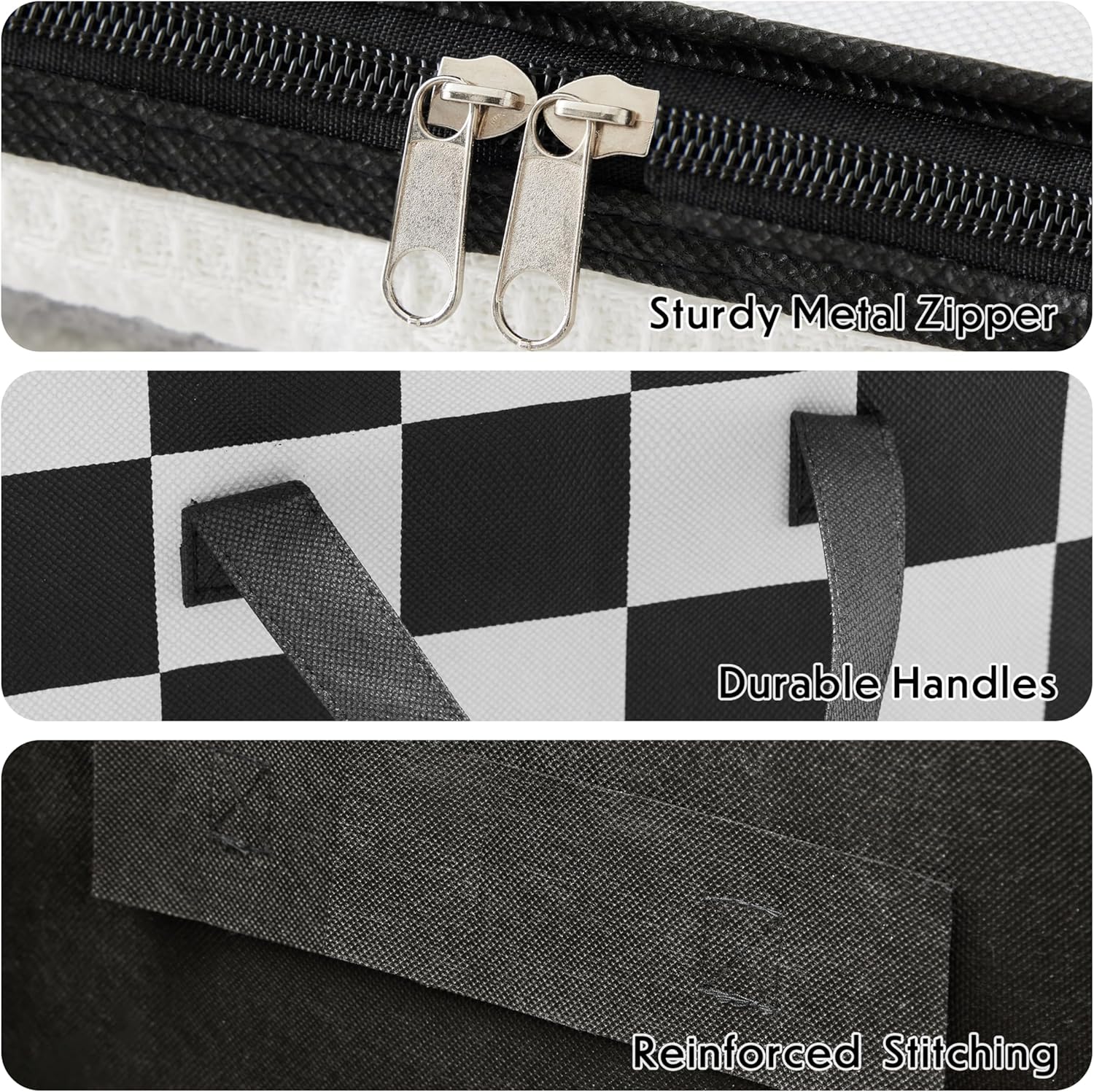 Black and White Checkered Clothes Storage Bins, 100L Large Blanket Storage Bags 3 Pack, Closet Organizers and Storage Containers for Comforters, Bedding, Foldable Organizer with Handle
