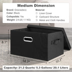 Medium 15" 21 Quart Collapsible Stackable Storage Bins with Lids, 1 Pack Black Foldable Fabric Closet Storage Boxes with Lids, 4 Handles Heavy-duty Linen Cube Baskets for Bedroom