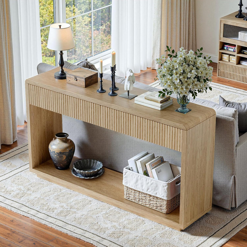 Evermagin 59'' Oak Entryway Table with Drawers, Boho Fluted Console T...
