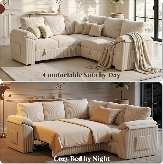 85 Inch Modular Sectional Sofa with Pull Out Couch Bed, L Shaped 5 Seat Sectional Couch with Storage, Corduroy Sectional Couches for Living Room, Cloud Modular Couch, Removable Sofa Cover, Beige