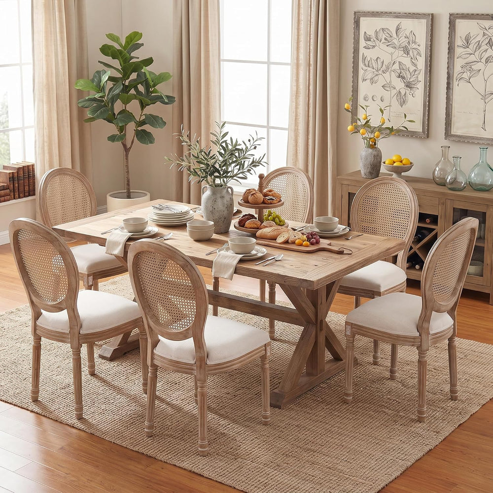 Polar Aurora Dining Chairs Set of 4 Beige Rattan Round Back with Solid Wood L...