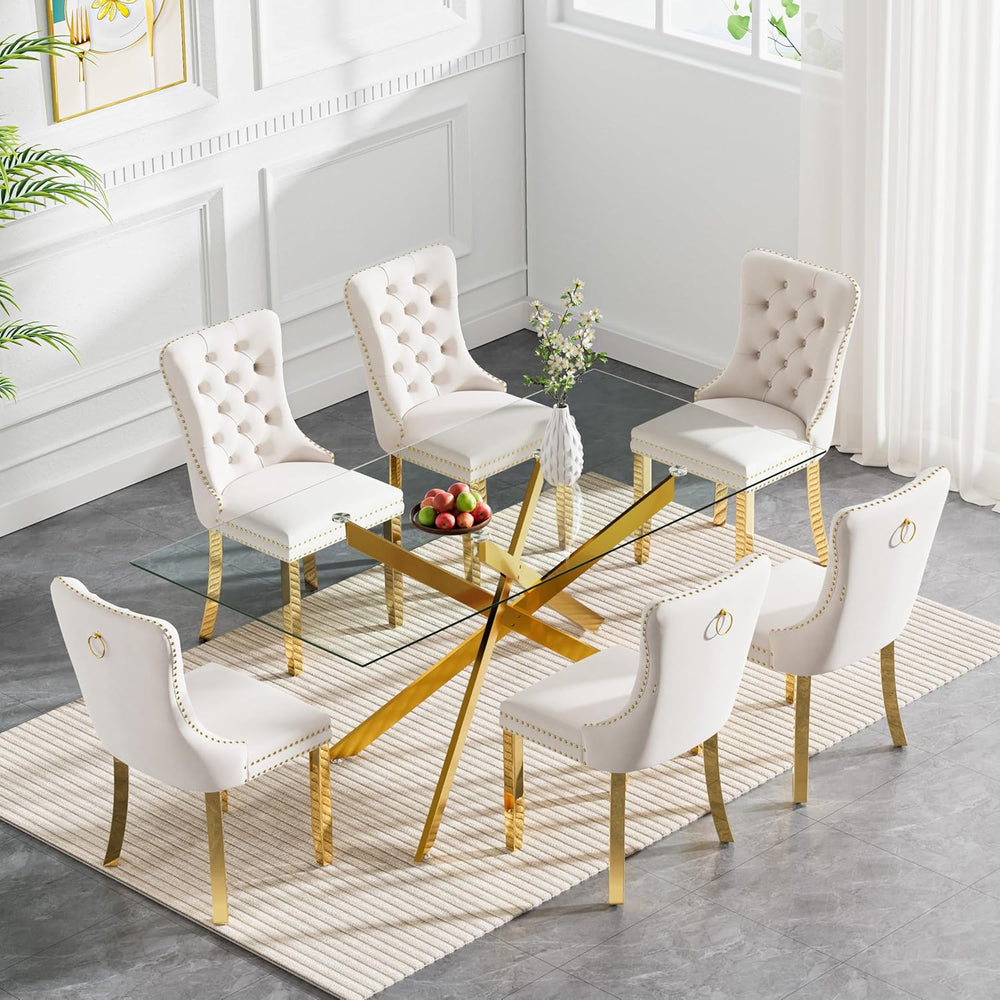 SSLine 61" Glass Dining Table Set for 6,Modern 7 Pieces Kitchen Table an...