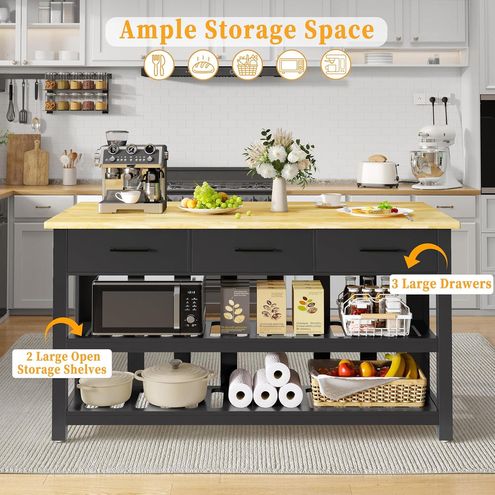 DynJest 60" Solid Rubberwood Kitchen Island with Power Outlets - Extra L...