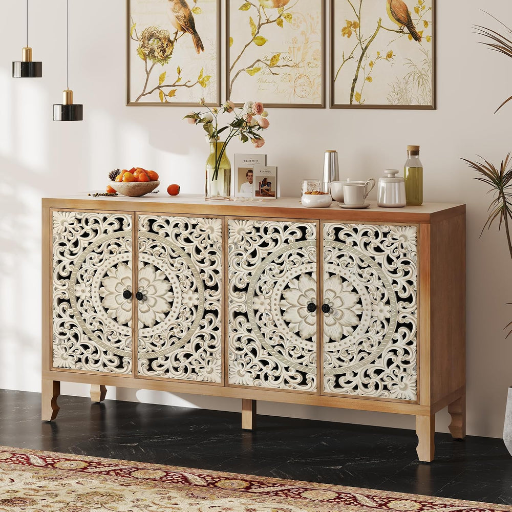 Buffet Cabinet with Storage, 4 Carved Doors, Natural&White