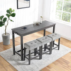 Merax Industrial Bar Table Set with Power Outlet, 4-Piece Counter Height Dining Set with Linen Fabric Stools for Kitchen, Breakfast Nook, Game Room,Black Gray+ Gray