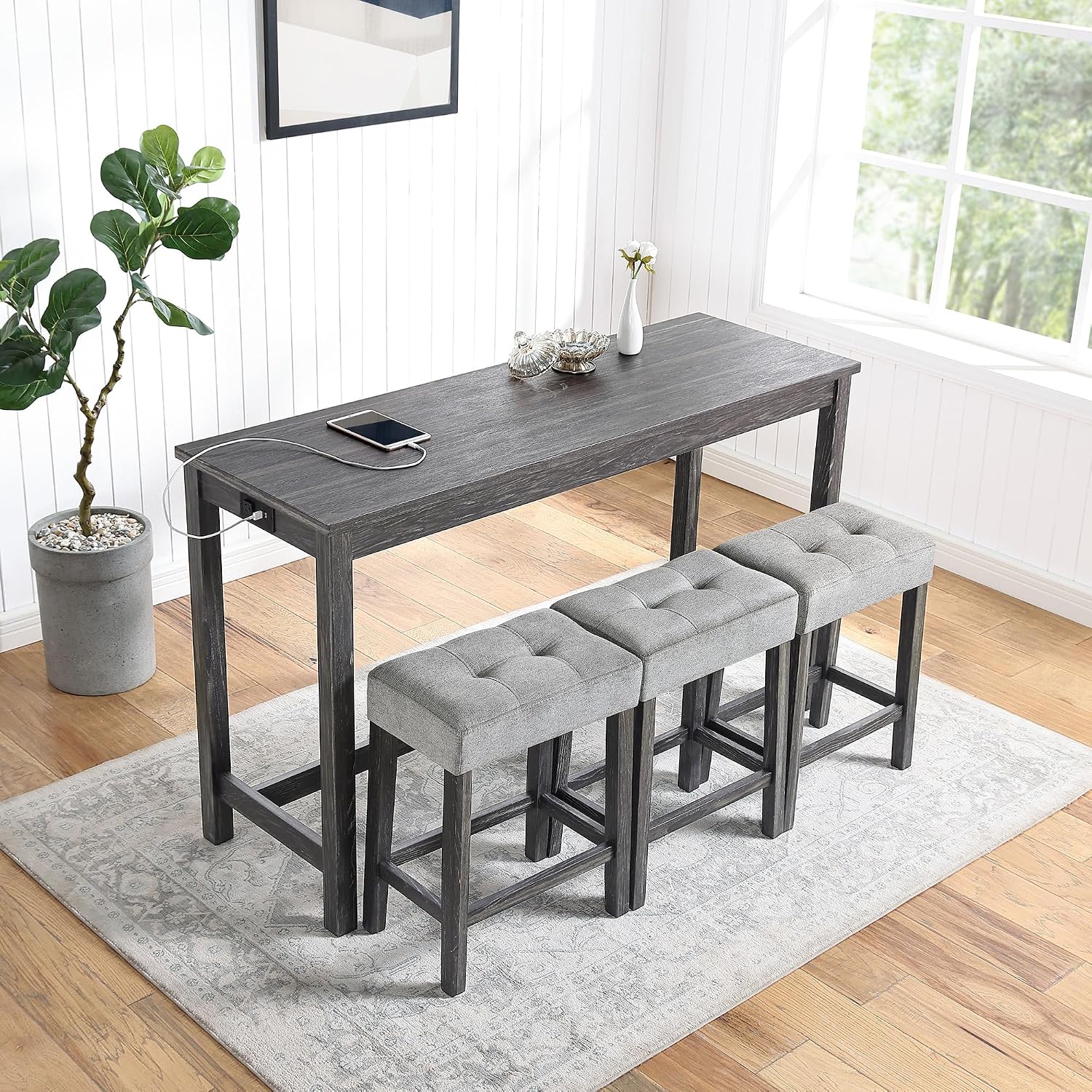 Merax Industrial Bar Table Set with Power Outlet, 4-Piece Counter Height Dining Set with Linen Fabric Stools for Kitchen, Breakfast Nook, Game Room,Black Gray+ Gray