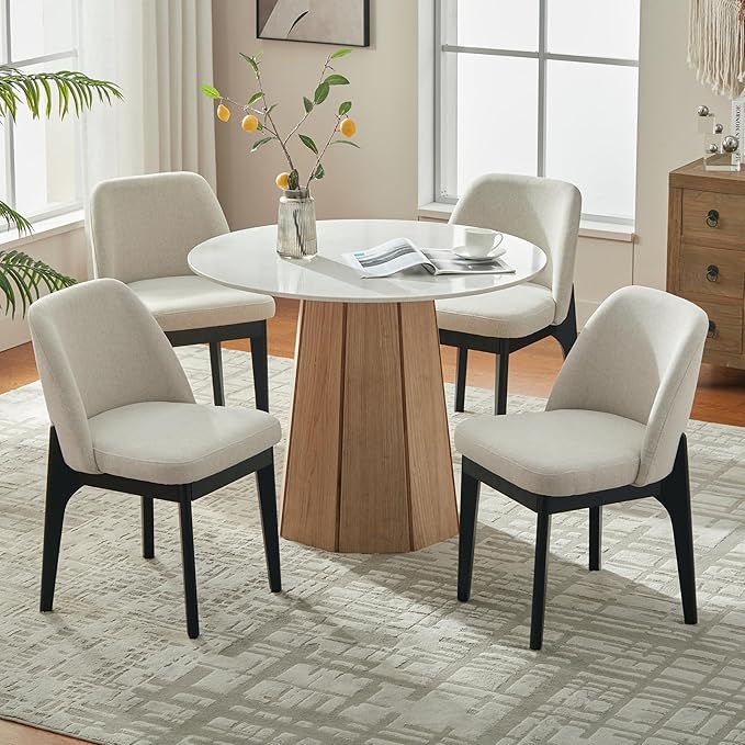 VKNOW Wooden Dining Chairs Set of 4, Upholstered Dining Room Chairs with Rubberwood Legs and Padded Seats, Kitchen Chairs for Restaurant Kitchen Living Room, Khaki