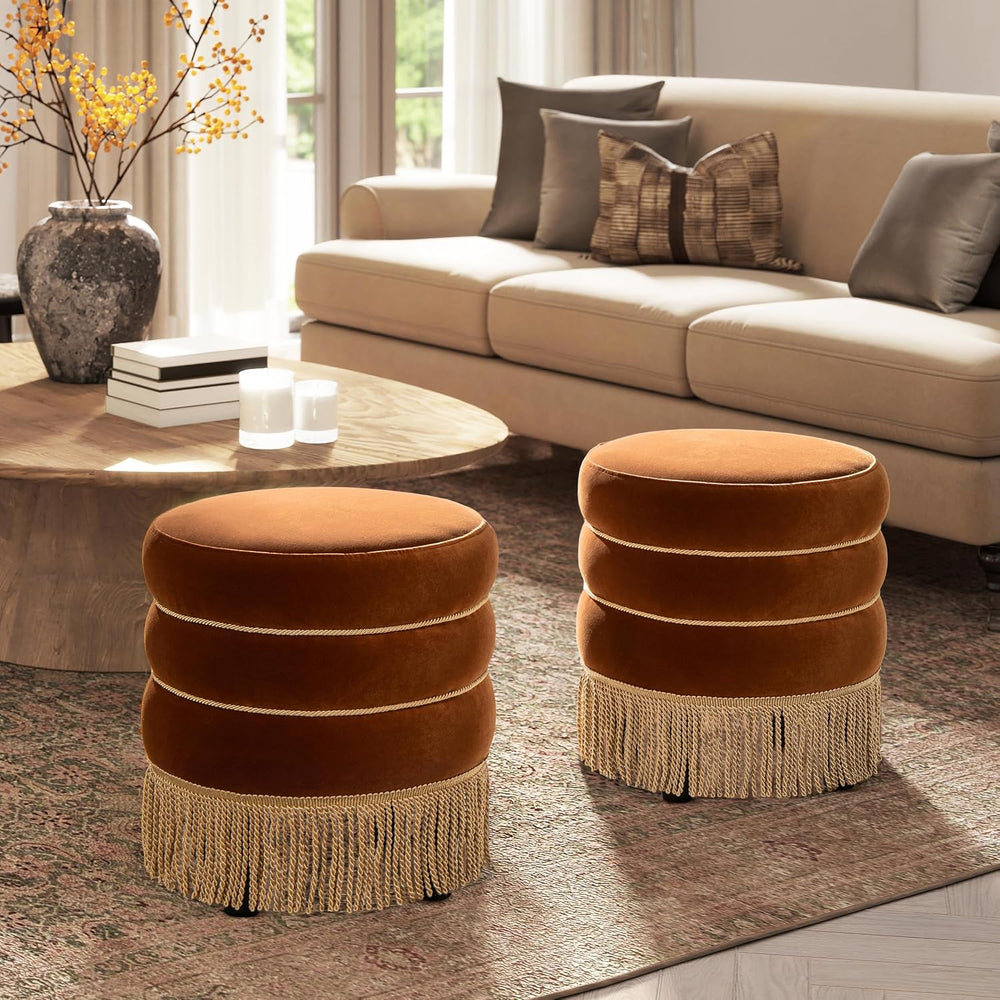 Edward Round Ottoman, Performance Velvet Ottoman, Burnt Orange Footrest with ...
