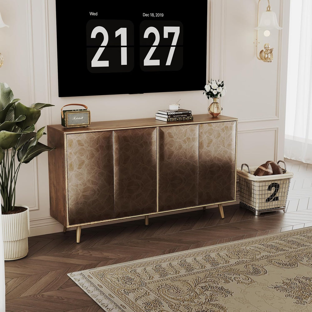 Sideboard Buffet Cabinet with Raised Shaped & Geometric Line Texture Door...
