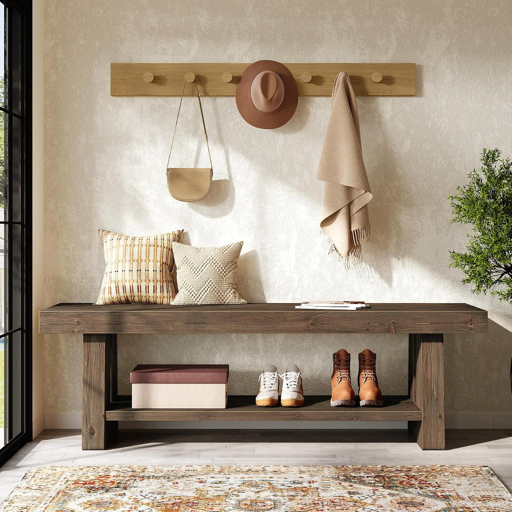 63'' Solid Wood Entryway Bench with Open Shelves, 2-Tier End of Bed B...