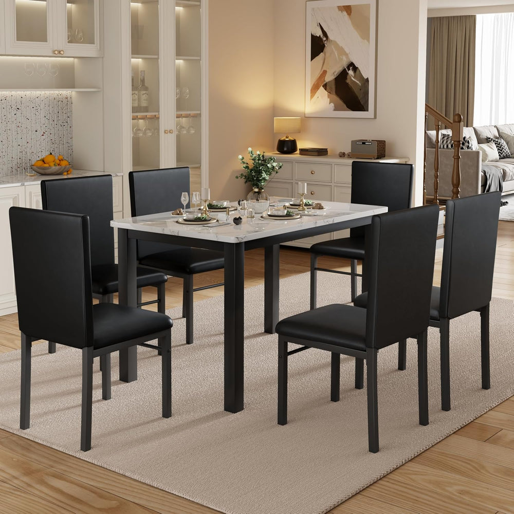 7 Piece Faux Marble Dining Table Set for 6, Space Saving Kitchen Table and Ch...