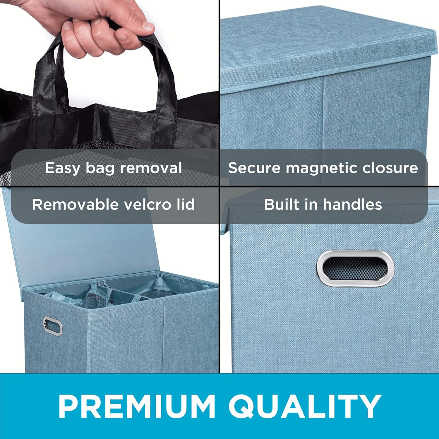 BIRDROCK HOME Laundry Hamper with Lid | Removable Bags for Sorting Clothes | Sectioned Laundry Basket for Bedroom & Bathroom | Collapsible Storage Bin with Cover | Double, Light Blue