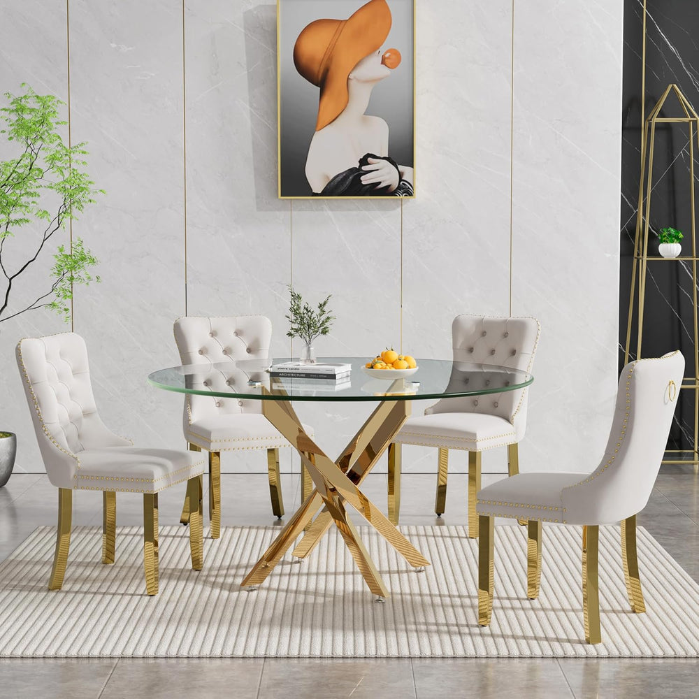 Round Glass Dining Table Set for 4, Small Kitchen Table Set for 4, 47" C...
