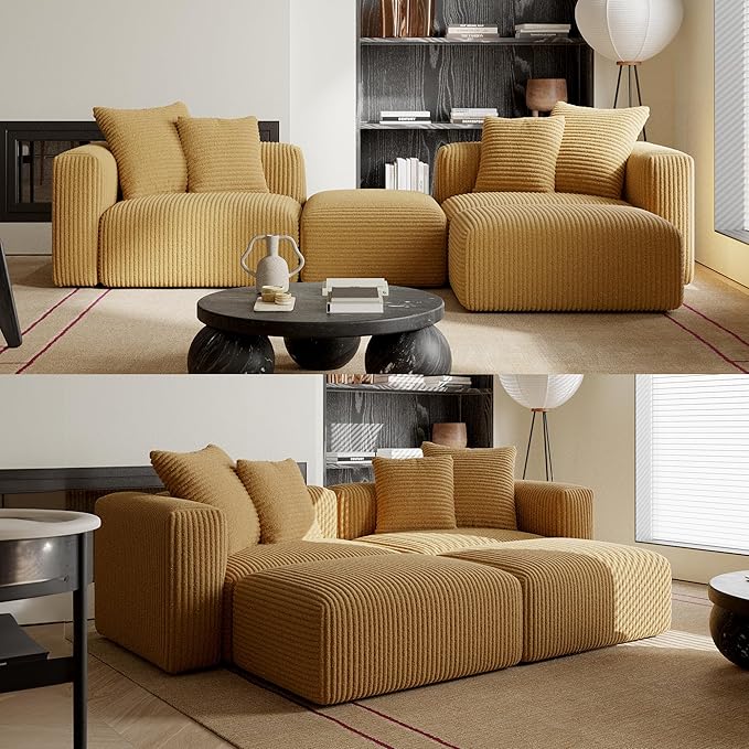 Acanva Corduroy Convertible Modular L Shaped Sectional Sofa, 4 Seater Free Combination Corner Couch, Convertible to DayBed, Wide Loveseat with Moveable Ottomans for Small Spaces, Sleeper Bed, Yellow