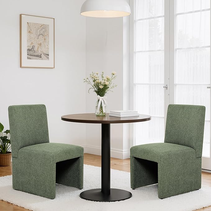 Green Upholstered Dining Chairs Set of 2, Kitchen & Dining Room Chairs, Mid Century Modern Chairs, Linen Dining Chairs with Wooden Frame, Fabric