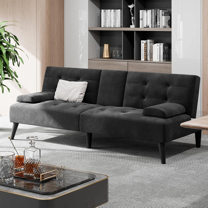 Shintenchi 64" Futon Sofa Bed, Velvet Foldable Couch, Upholstered Loveseat Sofa Couch with Folding Cup Holders, Reclining Sleeper with Removable Armrests for Home, Office, Black
