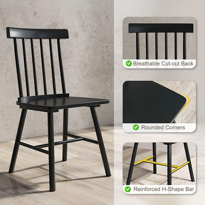 HOMCOM Windsor Dining Chairs Set of 4, Farmhouse Wooden Kitchen Chairs with Rubber Wood Frame and Spindle Backrest for Dining Room, Living Room, Black