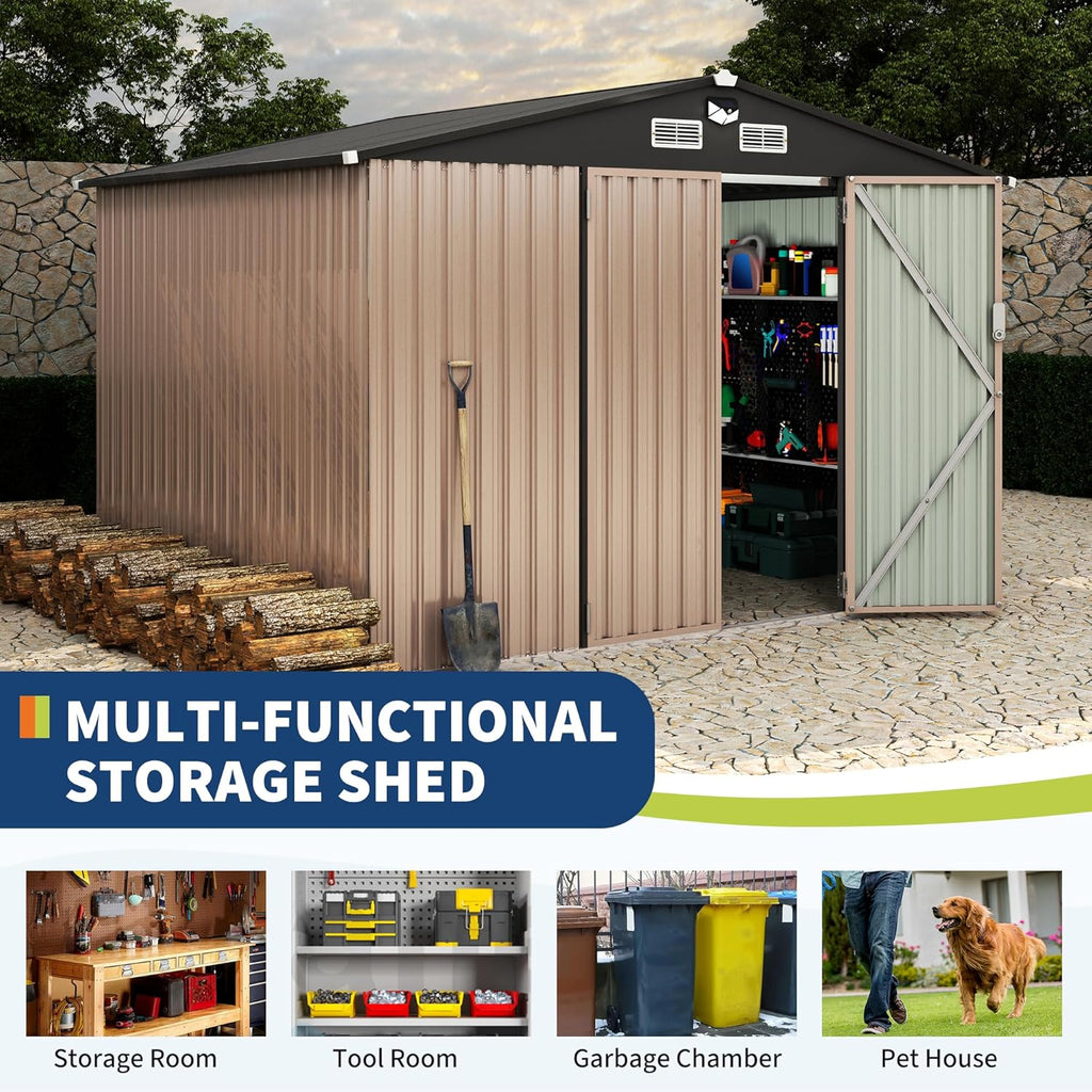 8x10 FT Metal Storage Sheds Outdoor with Solar Light, MetalTool Shed with Lockable Door, MetalYard Sheds Garden Shed Kit, Metal UtilitySheds Buildings with Air Vent for Backyard Garden Patio Lawn