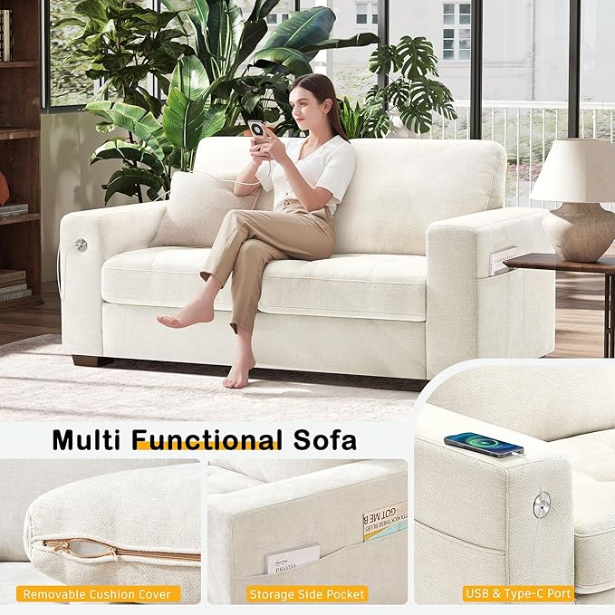 Hanherry 70" Loveseat Sofa for Living Room, Modern Comfy Couch with Medium Firm Seat Cushion, Removable Cover,Wide Armrest,USB/Type-C Port,Chenille Fabric Couches for Small Space,Apartment,Bedroom