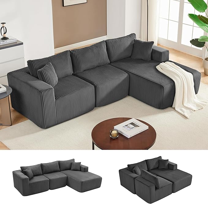 97" Modular Sectional Sofa, L-Shaped Boneless Couch with Deep Seat, Cozy Cloud Couch Sectional with Convertible Ottoman, Modern Sectional Couches for Living Room（ Grey）