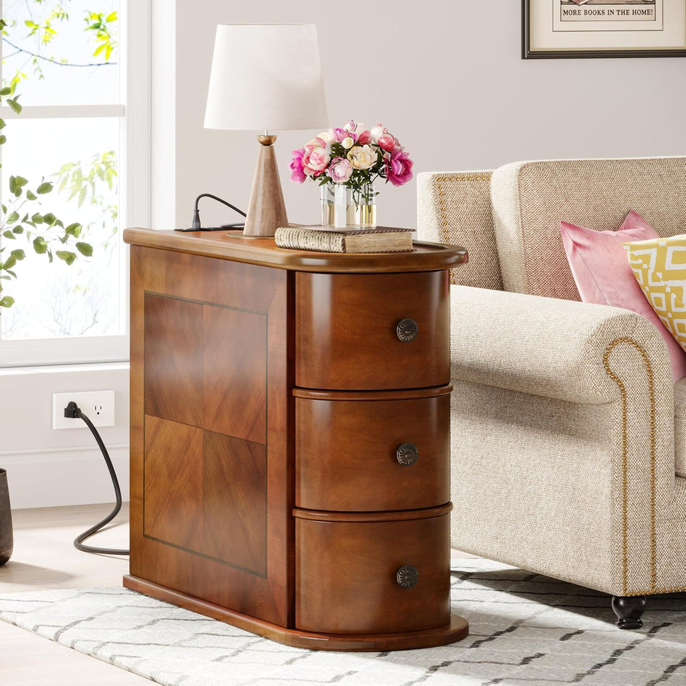 Solid Wood End Table with Charging Station, No Assembly Required Narrow Sofa ...