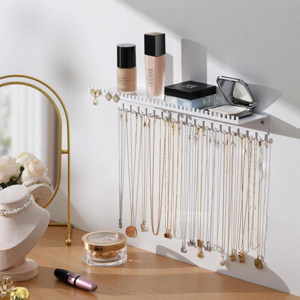 Necklace Holder Wall Hanging Organizer: Wall Mounted Jewelry Shelf with 56 Hooks and Tray, Display Hanger for Kids, Girls and Women, White & Metal