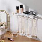 Necklace Holder Wall Hanging Organizer: Wall Mounted Jewelry Shelf with 56 Hooks and Tray, Display Hanger for Kids, Girls and Women, White & Metal