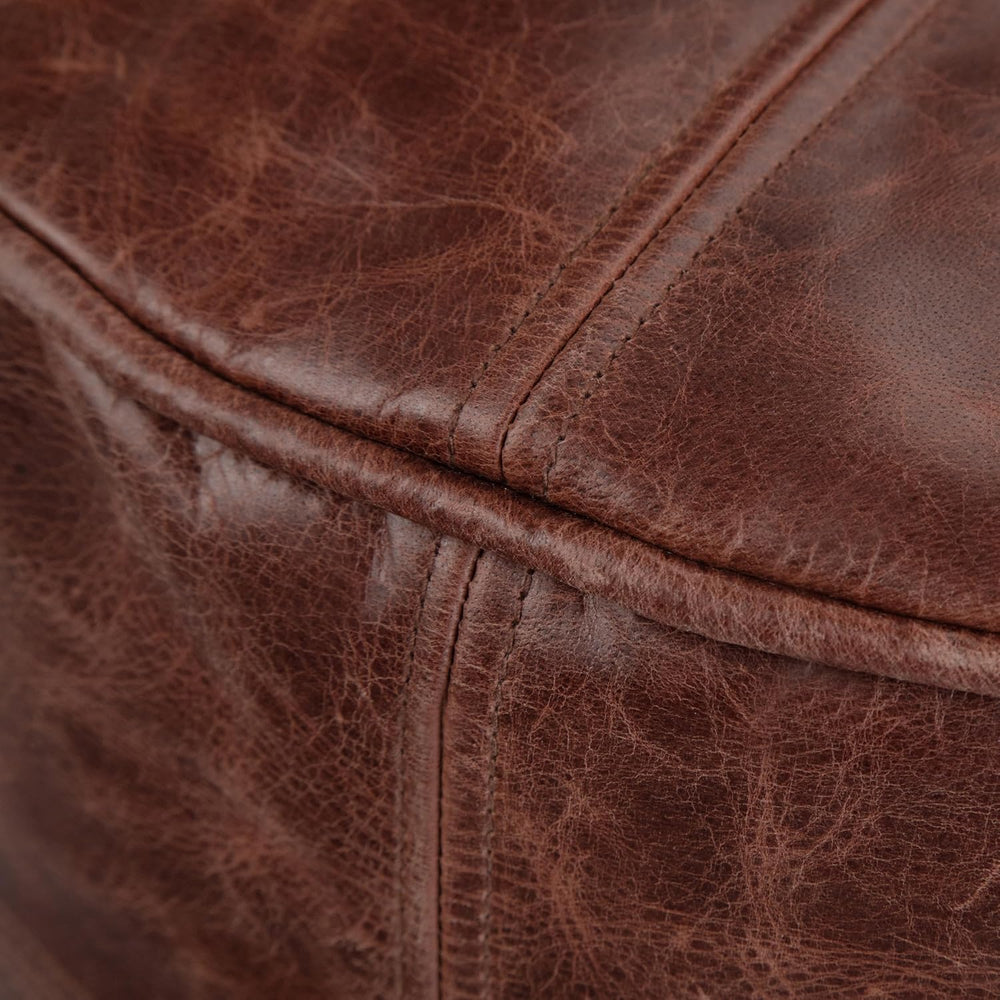 SIMPLIHOME Connor 18" Wide Round Pouf in Distressed Brown Genuine Leathe...