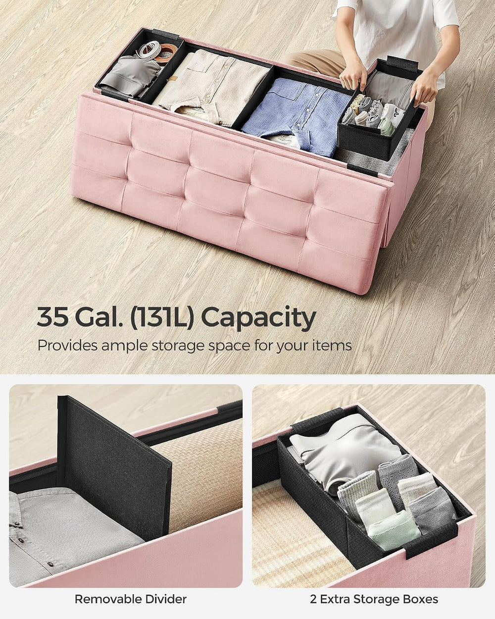 SONGMICS Storage Ottoman Bench, 43.3 Inches Velvet Foldable Foot Rest | Foot ...