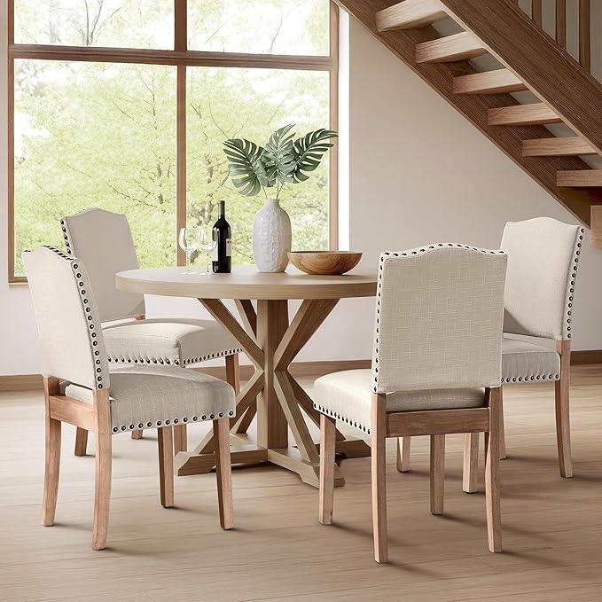 Yaheetech Upholstered Dining Chairs Set of 4 Classic Fabric Kitchen Chairs with Nailhead Trim and Wooden Legs for Dining Room/Living Room/Restaurant/Apartment, Beige