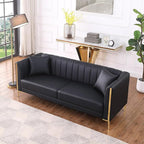 FOTOSOK Black Leather Couch Sofa, Office Couches for Living Room, 78'' Apartment Faux Leather Sofa with 2 Throw Pillows and Gold Metal Legs, Waterproof 3 Seater Couches for Small Living Room