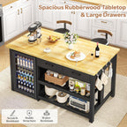 DynJest 60" Solid Rubberwood Kitchen Island with Storage & Leg Room, Black | Coffee Bar Buffet Cabinet w/ Fridge Space & Power Outlets, 2 Drawers & 6 Hooks, Large Countertop, for Home Office Dining Room