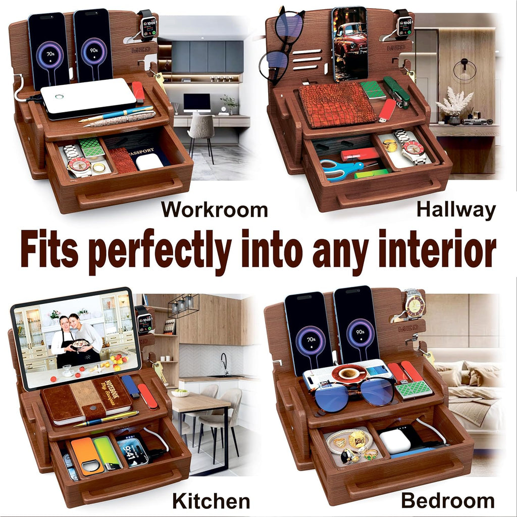 MED Wood Phone Docking Station – Nightstand Desk Organizer for Phone, Watch, Wallet & Tablet – Gift for Men, Husband, Dad & Women – Wooden Charging Stand (Black, Model 1)