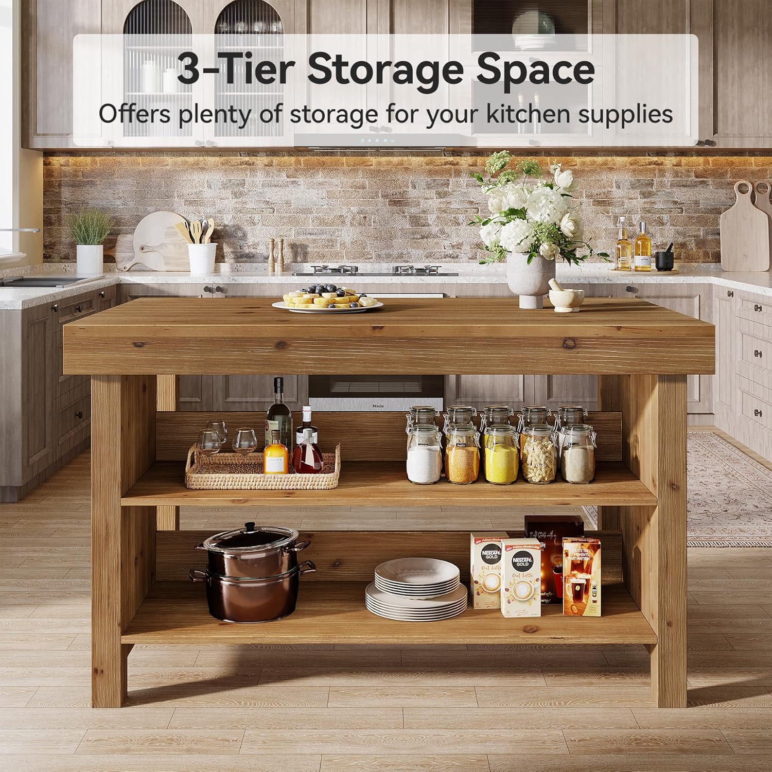 Solid Wood Large Kitchen Island, 3-Tier 55 Inch Stationary Center Island Table with Open Storage Shelves, Farmhouse Counter Height Coffee Bar for Kitchen, Dining Room, Living Room, Brown