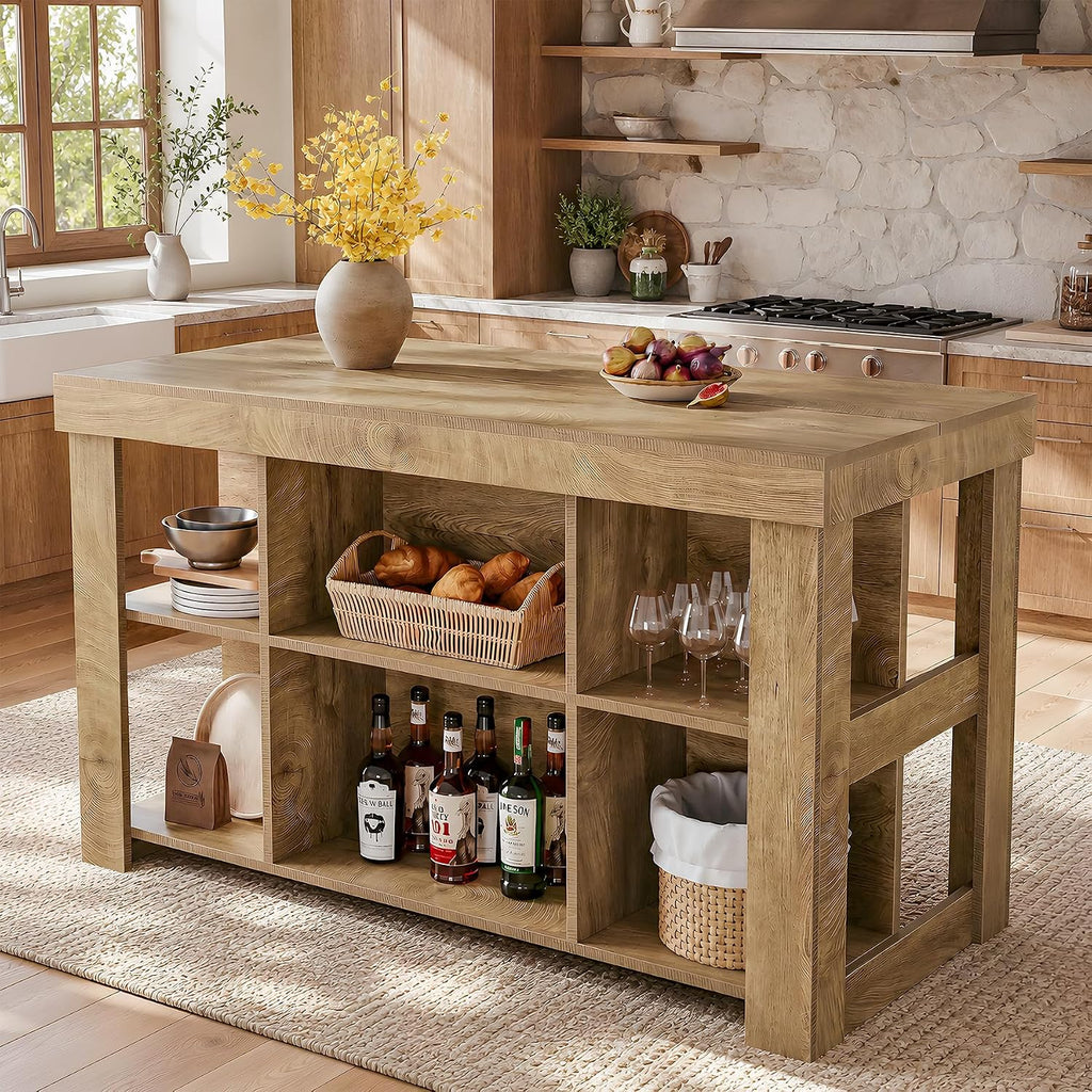 Tribesigns 55.1" Kitchen Island with 6 Storage Cubbies, Farmhouse 3-Tier Stationary Island Table, Large Dual-Sided Coffee Bar Table with Storage Shelves for Kitchen Dining Room