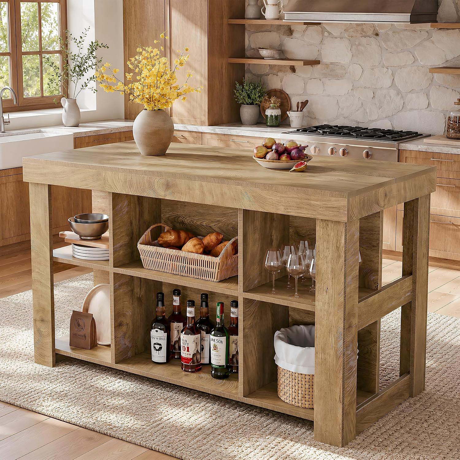 Tribesigns 55.1" Kitchen Island with 6 Storage Cubbies, Farmhouse 3-Tier Stationary Island Table, Large Dual-Sided Coffee Bar Table with Storage Shelves for Kitchen Dining Room