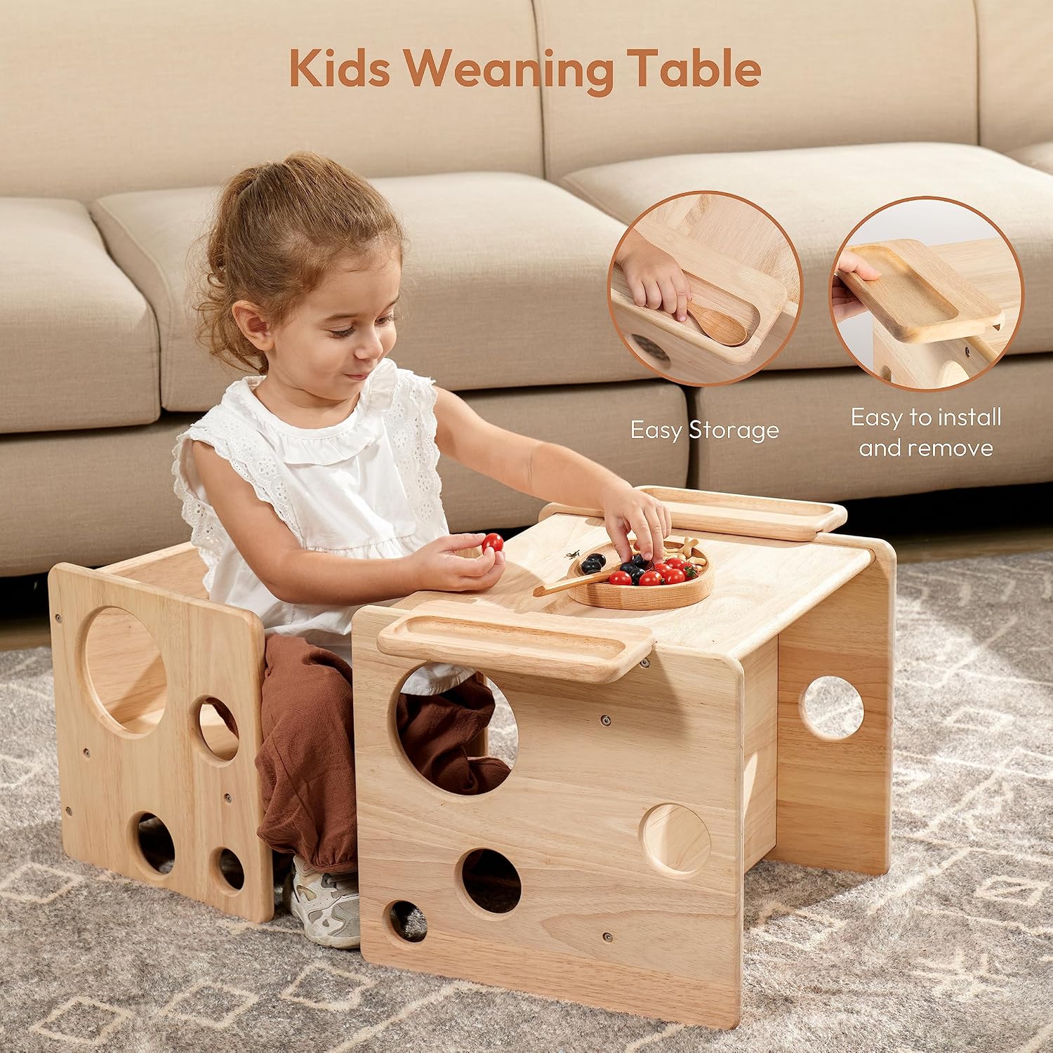 Montessori Weaning Table and Chair Set, Adjustable Toddler Furniture to 1-3 | Solid Wood Material, Multi-Scene Use, Ideal for Learning, Eating and Drawing, Safe Activity Furniture for Baby Boys and Girls