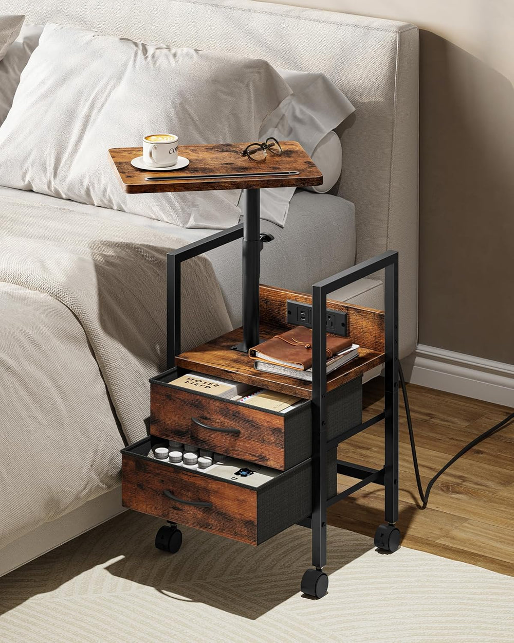 Height Adjustable Side Table with Swivel Tabletop, End Table with Charging St...