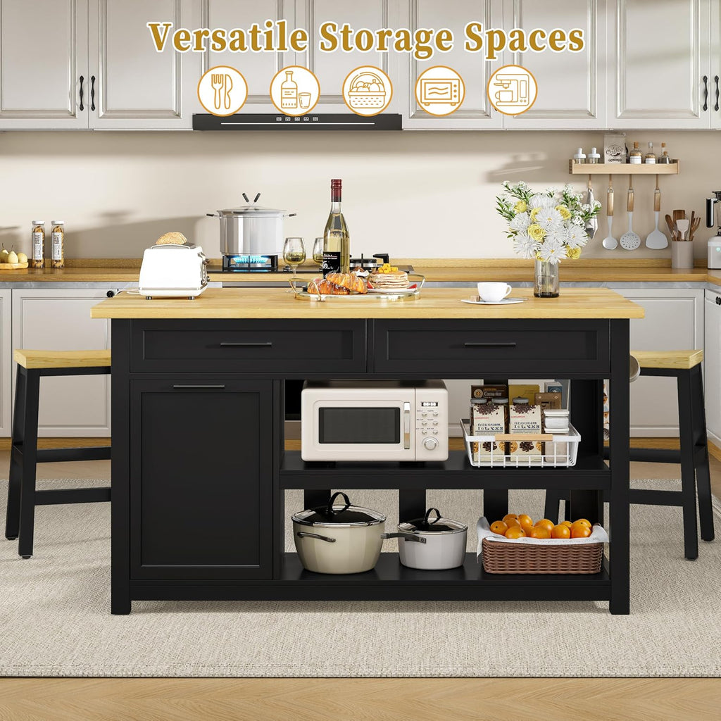 DynJest Kitchen Island with Storage and Seating Include 2 Bar Stools, Black | 47" Solid Rubberwood Island Table with Trash Can Storage, Power Outlets, 2 Drawers & Open Shelves Cabinet, Dining Table for 2