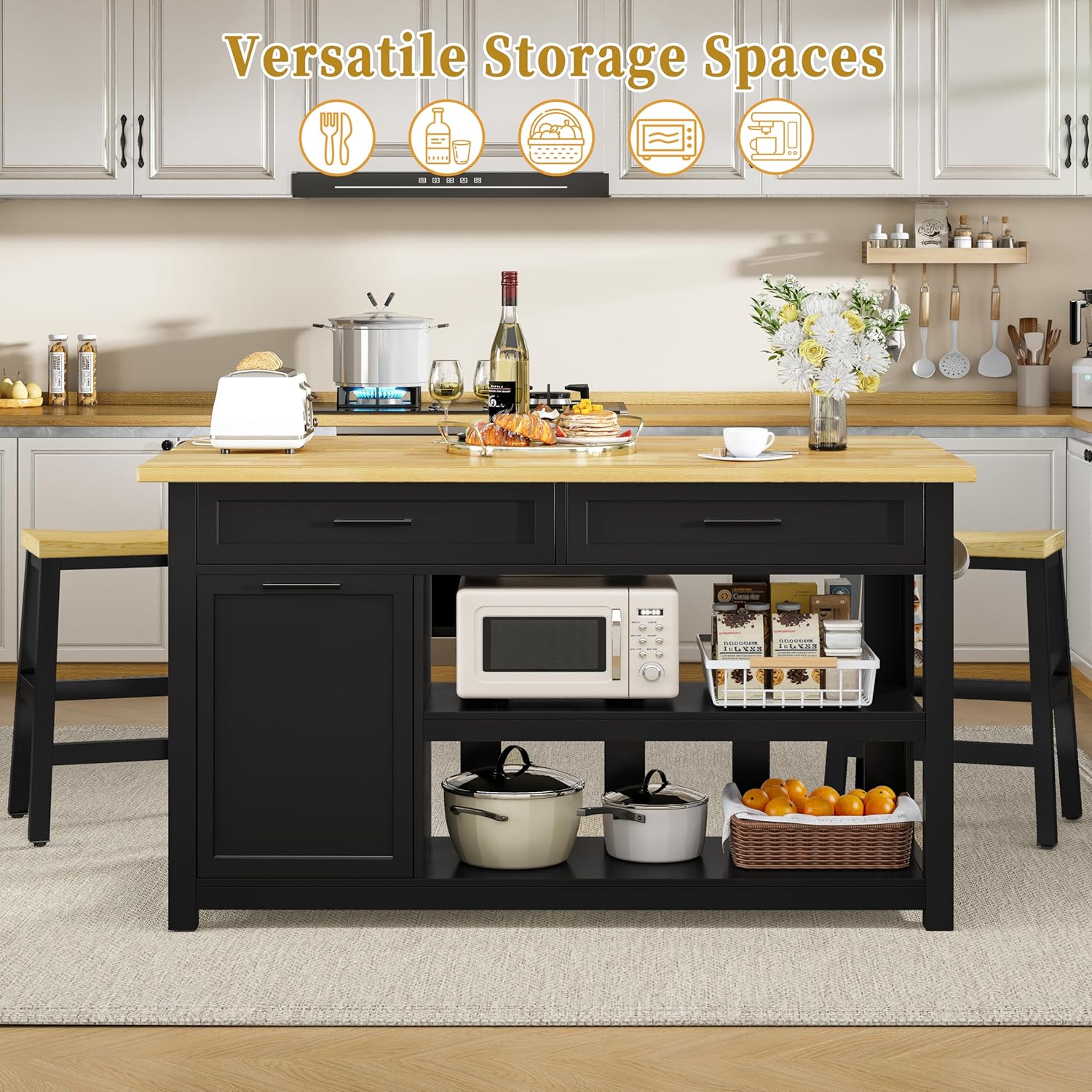 DynJest Kitchen Island with Storage and Seating Include 2 Bar Stools, Black | 47" Solid Rubberwood Island Table with Trash Can Storage, Power Outlets, 2 Drawers & Open Shelves Cabinet, Dining Table for 2
