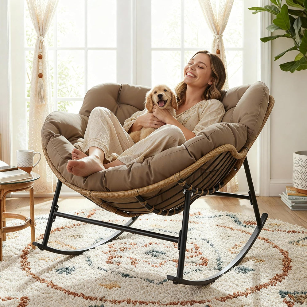 BULEXYARD Outdoor Papasan Rocking Chair with Cushion and Frame, Oversized Lar...