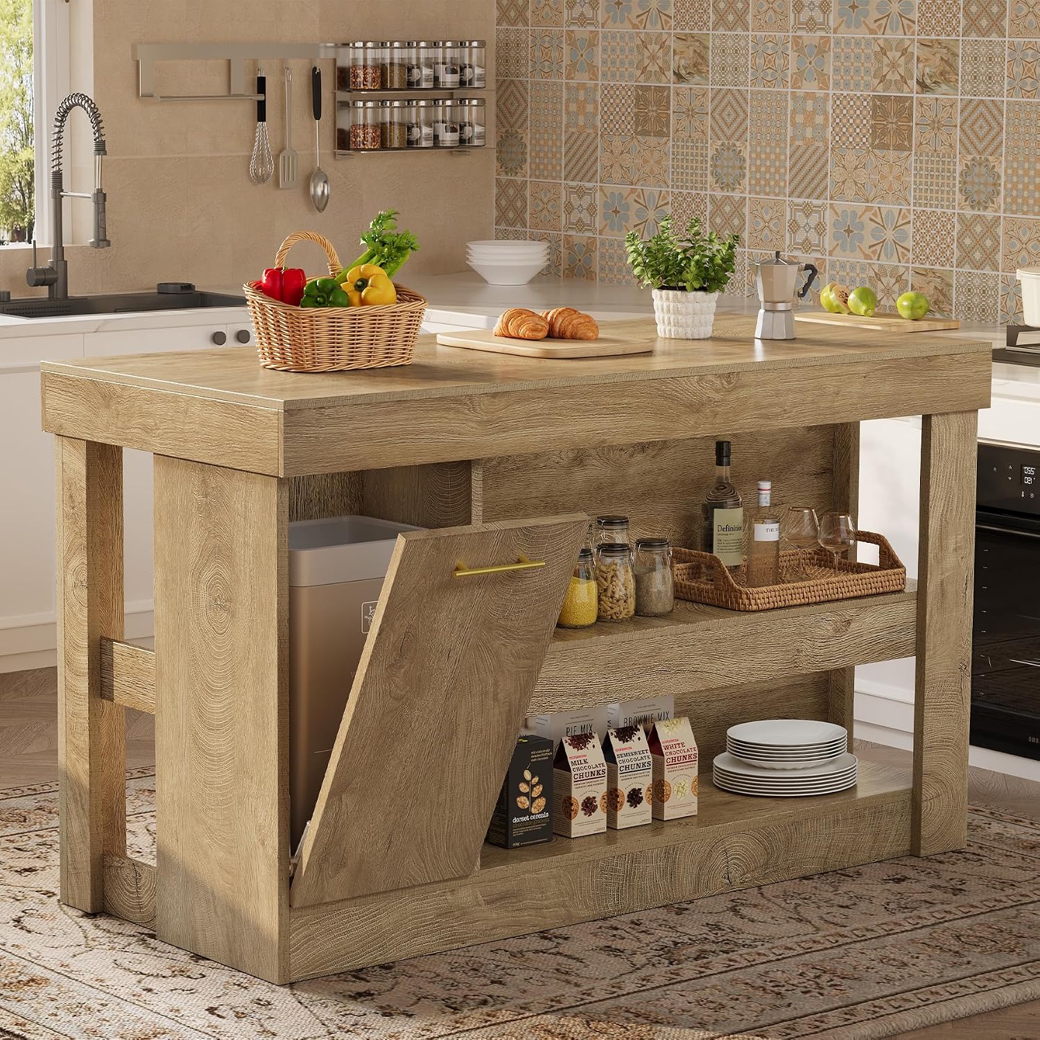 Tribesigns Kitchen Island with Trash Storage Cabinet, 55" Large Prep Table | 2-Tier Shelf, Farmhouse Island Table Furniture for Meal Prep, Dining & Entertaining, Natural Oak Wood, Supports up to 350 lb