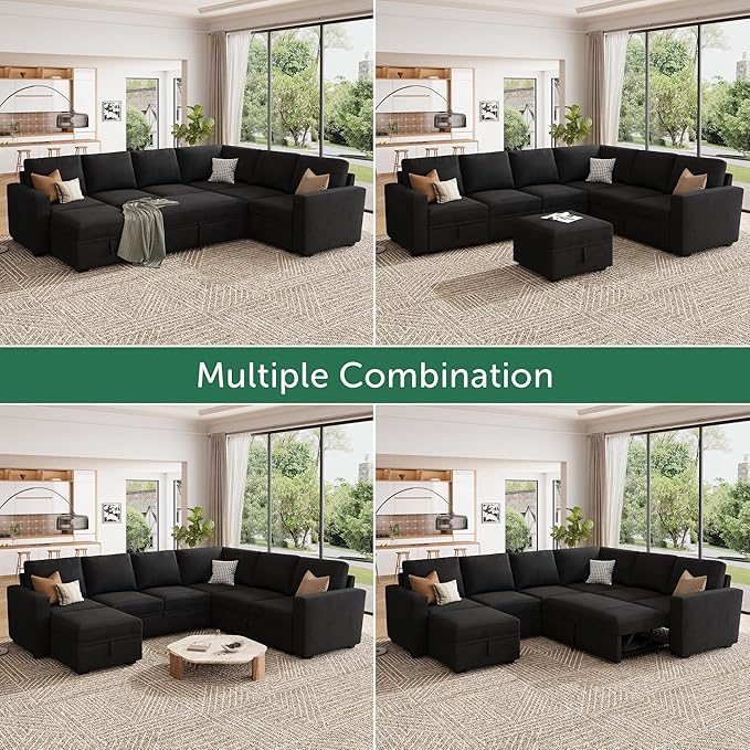 HONBAY Modular Sectional Sleeper Sofa with Pull Out Bed, L Shaped Couch with Storage Seat, Modular Sectional Couches for Living Room - Black